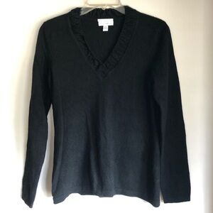 Charter Club Black V-Neck Cashmere Sweater with Ruffle Trim